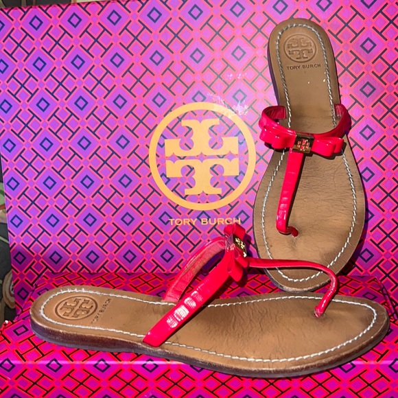 Tory Burch Red Leighanne Bow Flat Sandals 8.5 - Picture 1 of 11